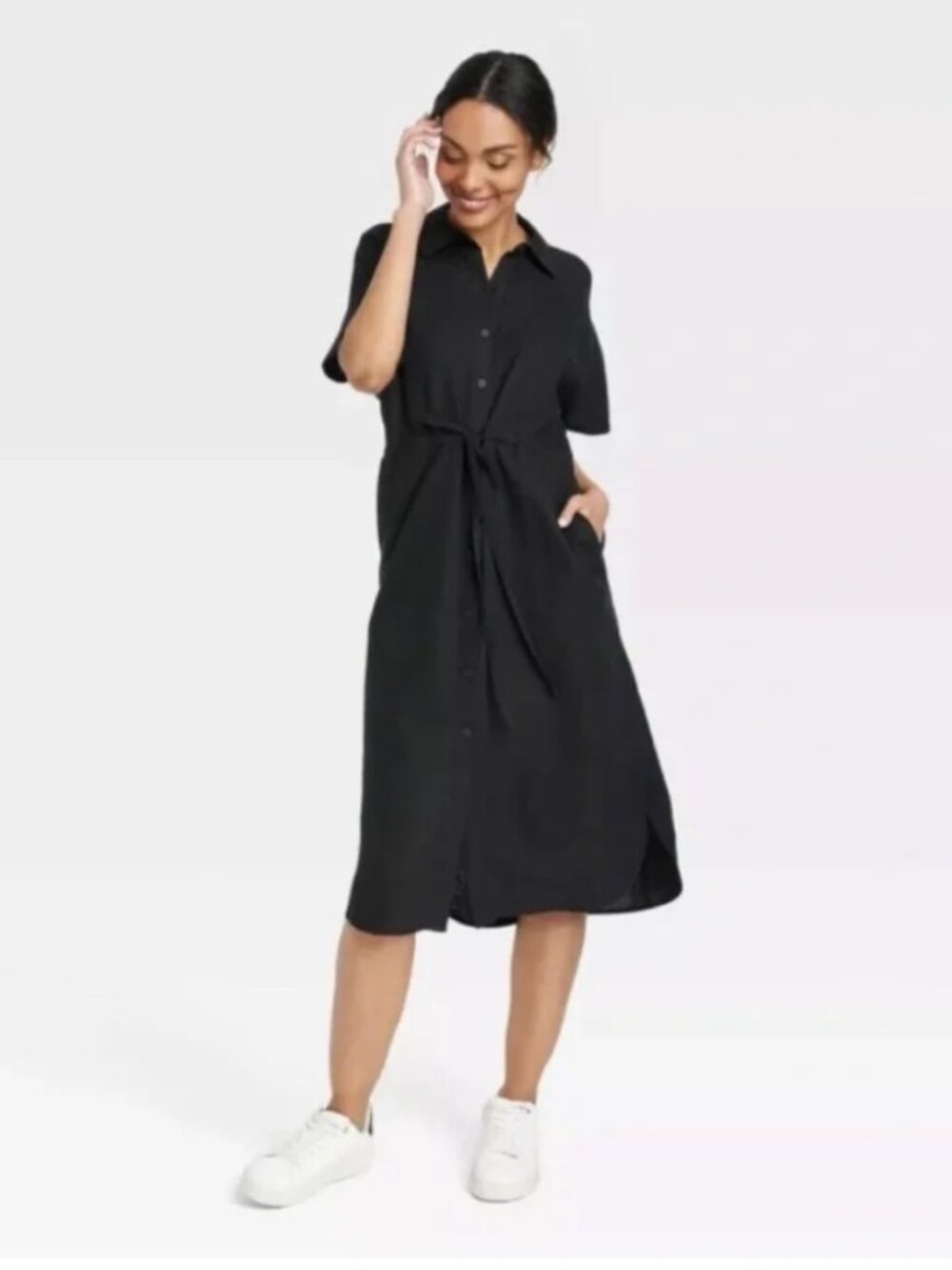 a new day Women's Short Sleeve Linen Midi Shirtdress